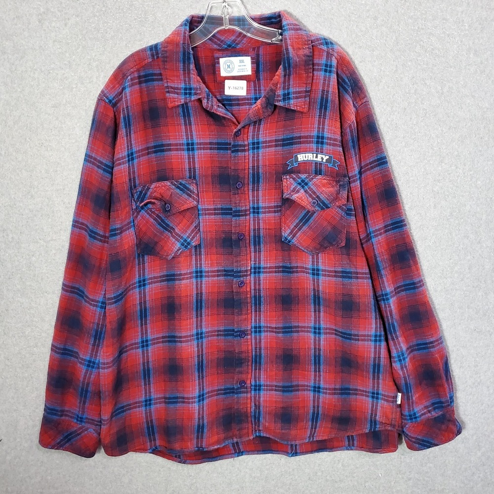 Hurley Men Button Up Shirt 2XL Red Plaid Pockets Logo Collar Long Sleeve Cotton